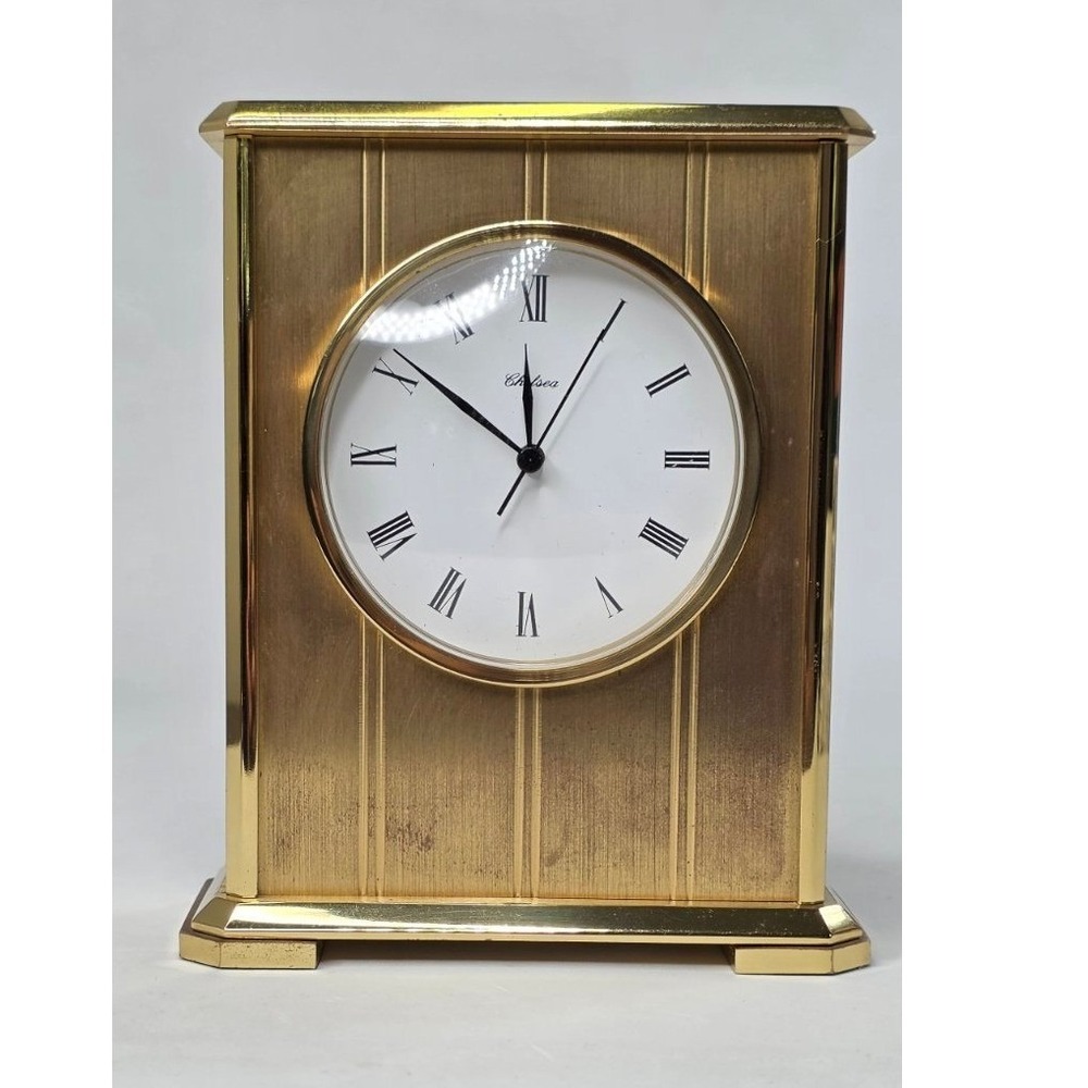 Chelsea USA Brass Desk Clock Roman Numeral Carriage Style Gold Tone Batery Heavy